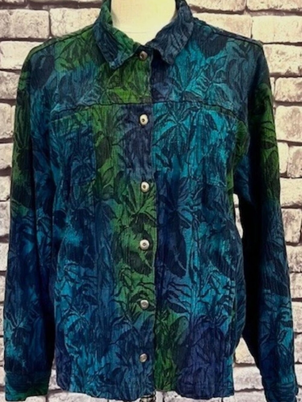 Chico's Vintage Green Blue Floral Denim Like Button Blouse Shacket Shirt